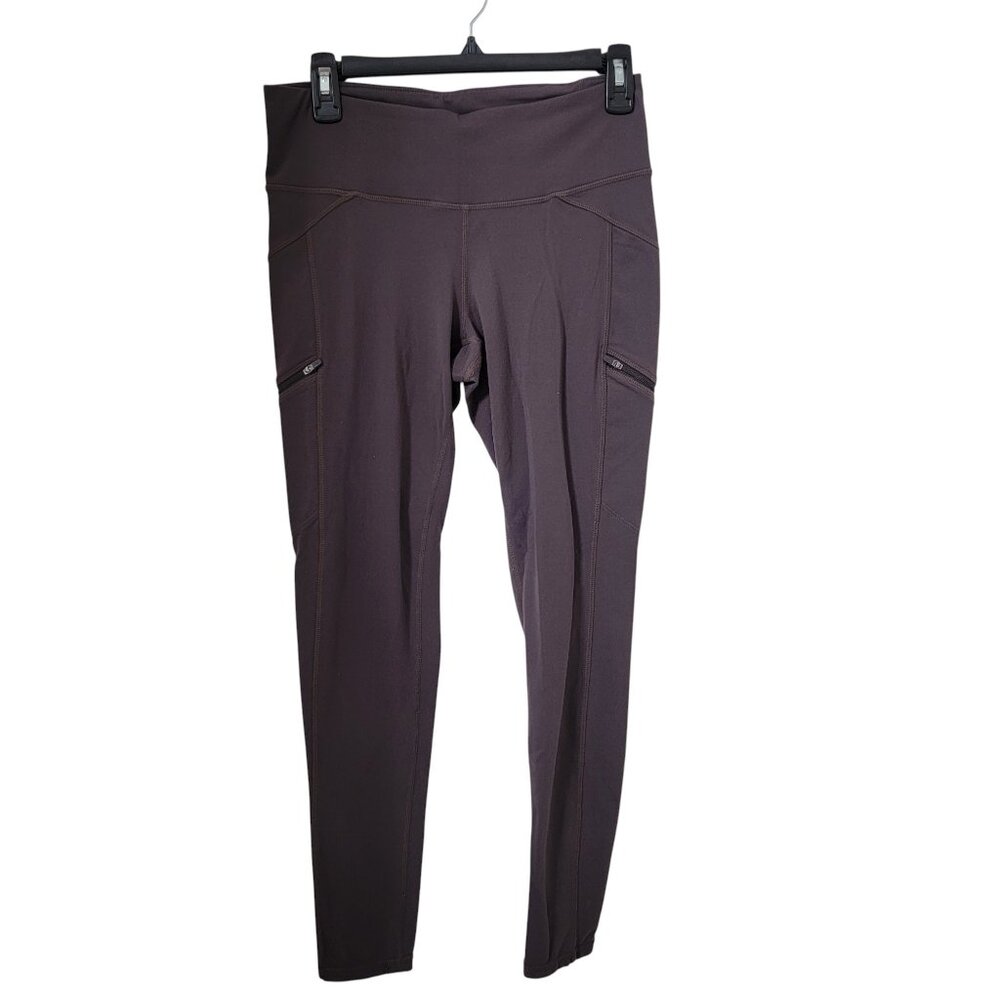 Athleta Size M Gray/Purple/Brown Drifter Leggings, Front Zippers, Gently Used